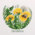 Siuvinėjimo rinkinys su pienėmis: apvalus geltonų žiedų motyvas su bite, parodyti siūlų atspalviai ir užrašas Dandelion