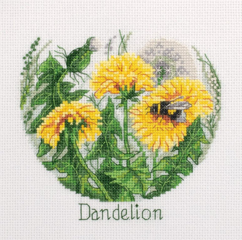 Siuvinėjimo rinkinys su pienėmis: apvalus geltonų žiedų motyvas su bite, parodyti siūlų atspalviai ir užrašas Dandelion
