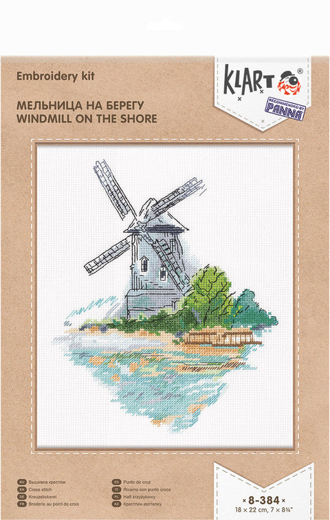 Siuvinėjimo rinkinys Klart Malūnas ant kranto su spalvotu kryželių pavyzdžiu ant kraft pakuotės, 18×22 cm