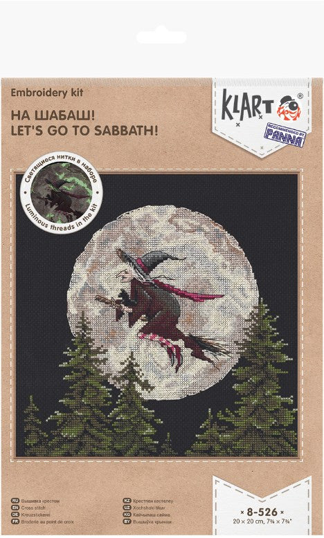 Siuvinėjimo rinkinys KLART 20×20 cm juoda drobė su ragana skraidančia prieš pilnatį, švytinčios siūlės