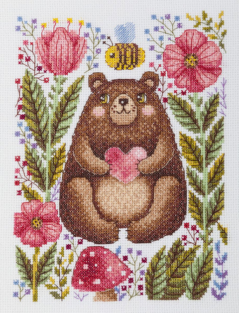 Kryželiu siuvinėjimo rinkinys KLART „Meškiukas su bitėmis“ 16,5x21,5 cm