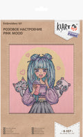 Kryželių siuvinėjimo rinkinys Pink Mood, 19×19 cm dėžutėje su rožiniu fonu ir anime mergaitės dizainu, pakuotės vaizdas