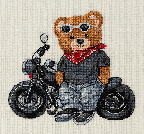 Siuvinėjimo kryželiu rinkinys „Biker Bear“ meškinas motociklininkas 15x14 cm