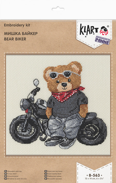 Siuvinėjimo kryželiu rinkinys „Biker Bear“ meškinas motociklininkas 15x14 cm