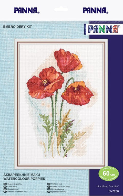 Siuvinėjimo rinkinys Panna "Watercolour Poppies" — raudonos aguonos skirtas kryželiams, 19×26 cm, siūlų ilgis 60 m