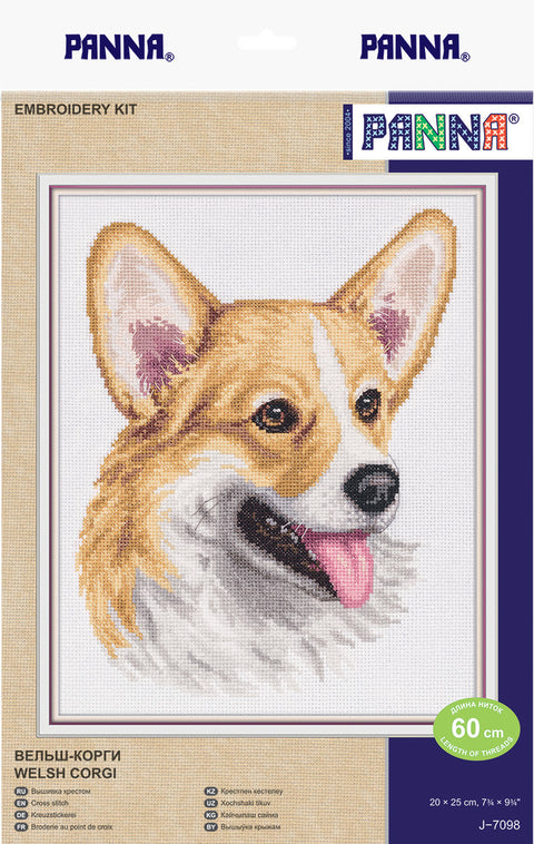 Siuvinėjimo rinkinys Panna – rudos ir baltos Welsh corgi galvos portretas 20×25 cm, detalus kryželių modelis