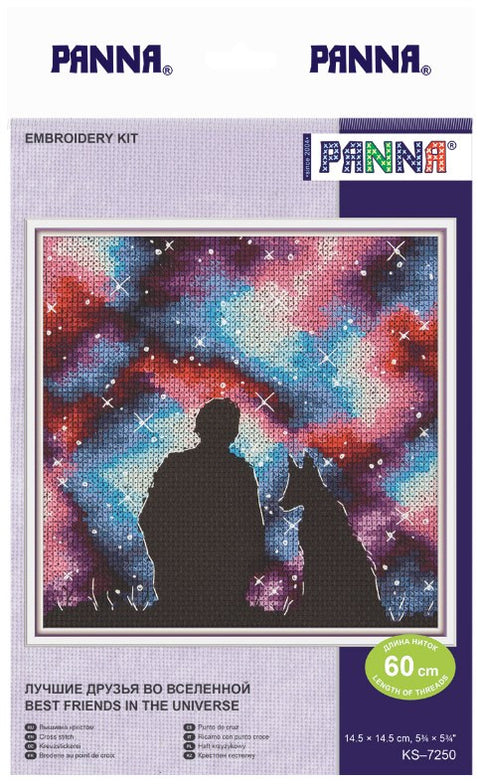 Siuvinėjimo rinkinys Panna 14,5×14,5 cm, daugiaspalvė galaktika su žmogaus ir šuns siluetais