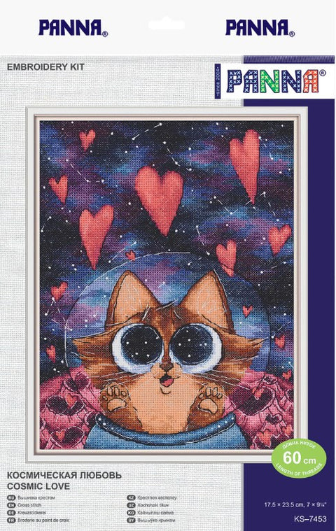 Siuvinėjimo rinkinys Panna "Cosmic Love" — oranžinis katinas su didelėmis akimis ir rožiniais širdelių motyvais, įrėmintas 17,5×23,5 cm