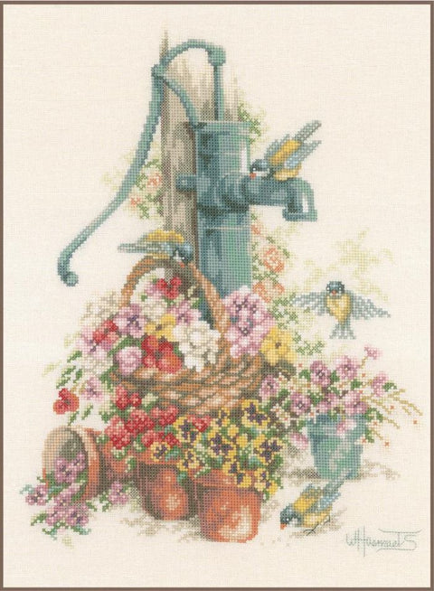 Kryželiu siuvinėjimo rinkinys „Paukščiai prie vandens siurblio“, 29x39 cm