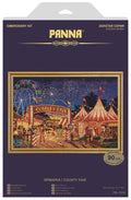 Kryželių siuvinėjimo rinkinys Panna County Fair, 38×27 cm (auksinė serija) – mugės scena su ratais, palapinėmis ir fejerverkais