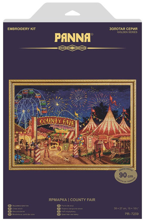 Kryželių siuvinėjimo rinkinys Panna County Fair, 38×27 cm (auksinė serija) – mugės scena su ratais, palapinėmis ir fejerverkais