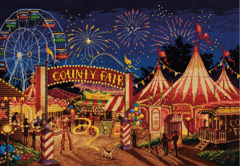 Siuvinimo rinkinys County Fair vaizduoja baigtą naktinę mugės sceną su dideliu ratu, palapinėmis, fejerverkais ir balionais, 40×30 cm