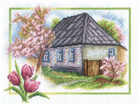 Kryželių rinkinys su kaimo namelio motyvu, pavasarinė spalvų paletė ir rožių bei tulpių detalės, baigtinė kompozicija