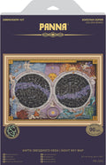 Kryželių rinkinys Panna „Night Sky Map“ su rėmu 67×47,5 cm, spalvotas naktinio dangaus dizainas ir švytinčios siūlės