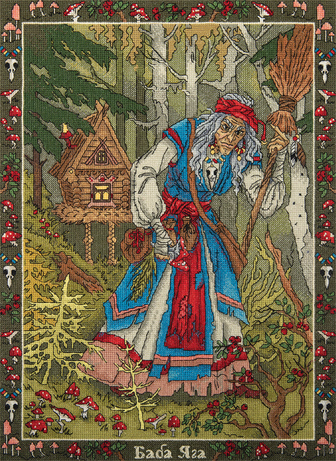 Gobelenas Baba Jaga, rankų siuvinėjimas ryškiais mėlynais ir raudonais atspalviais, 50×70 cm, kabinamas ant sienos, priekinis planas