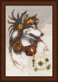 Kryželiu siuvinys — huskis profilio požiūriu su steampunk auksiniais akiniais ir rudos odos įranga, įrėmintas tamsiu mediniu rėmu
