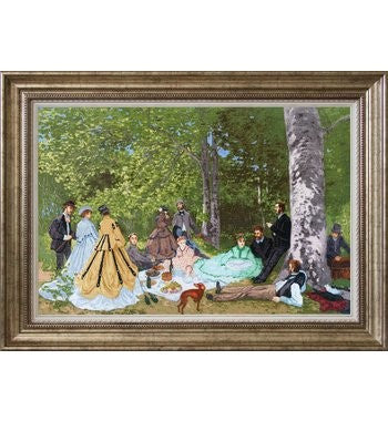 Įrėmintas paveikslas su auksine ornamentuota medine rėma, 70×50 cm, horizontali puotos miške scena