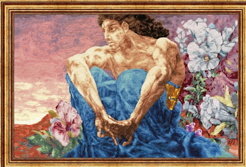 Siuvinėtas paveikslas kryželiu, vyro figūra apsirengusi mėlyna skara prieš rožinį dangų, aukso rėmas, 60×40 cm
