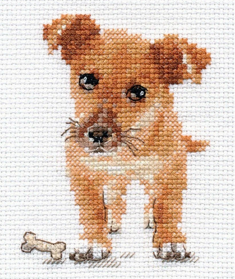 Kryželių rinkinys – mažas rudas šuniukas su kauliuku, 20×25 cm modelis, detaliai siuvinėtas priekinis motyvas