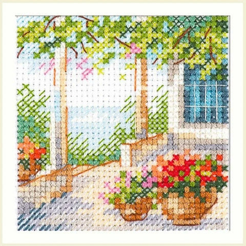 Siuvinėjimo kryželiu rinkinys „Gėlių terasa“, 7×7 cm mini, Aida 14