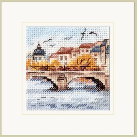 Mini kryželių rinkinys Ruduo mieste: žuvėdros virš tilto, lino 14ct, 7x7 cm
