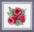 Kryželiu siuvinys – rėminis aviečių motyvas ryškiai raudonai ir žaliai, 30×30 cm, rodoma iš priekio