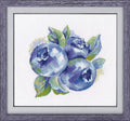 Siuvinėjimo rinkinys „Mėlynės“ – rėmuotas akvarelinio stiliaus mėlynių motyvas 30×30 cm, violetinis medinis rėmas, artimas planas
