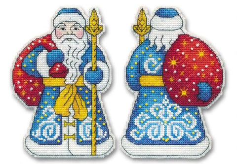 Kalėdinė figūrėlė – mėlynas siuvinėtas senelis su auksiniu skeptru ir raudona krepše, parodytas priekinis ir galinis šonai