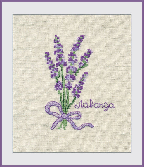 Siuvinėtas levandų paveikslėlis, violetinių ir žalių siūlų buketas ant smėlio spalvos lino, rėmuotas, 30×24 cm