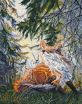 Siuvinėjimo rinkinys lapės motyvu, šiltų oranžinių tonų, detalus miško peizažas po eglių šaka, 40×50 cm.