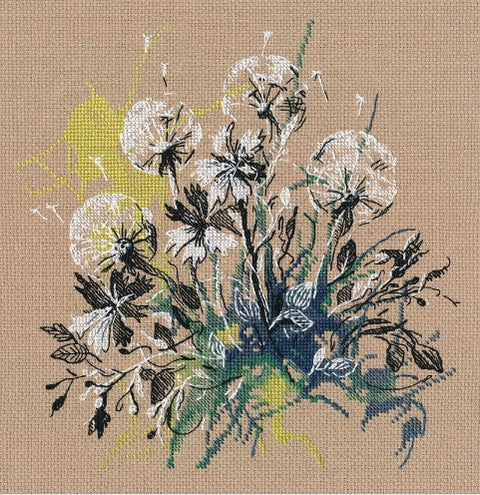 Sieninis paveikslas 40×40 cm su smėlio fono gėlių eskizu ir baltais pūkelių siūlais — arti detalė