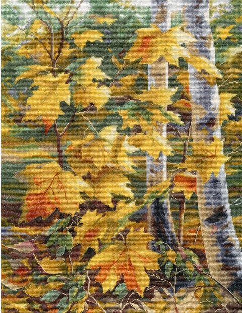 Paveikslas ant drobės su rudeniniais geltonais lapais ir beržų kamienais, 40×50 cm, matoma faktūra