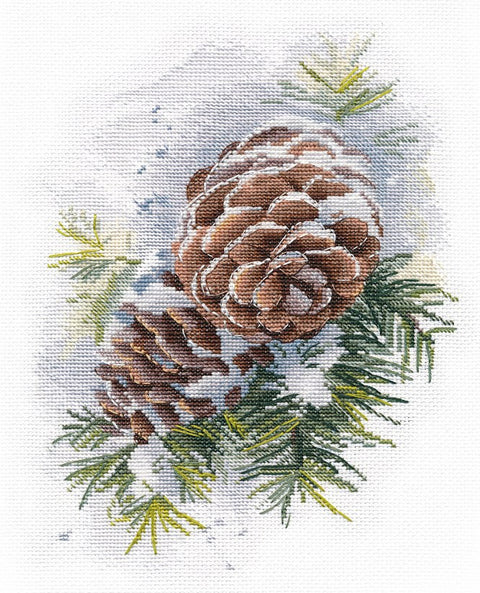 Siuvinėjimo rinkinys su sniegu padengtais pušų kankorėžiais ir žaliomis eglių šakomis, detali arti nuotrauka, 25×30 cm