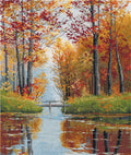 siuvinėjimo rinkinys rudeniškas ežero peizažas 40×50 cm su geltonų ir raudonų lapų motyvais ir mediniu tiltelio akcentu