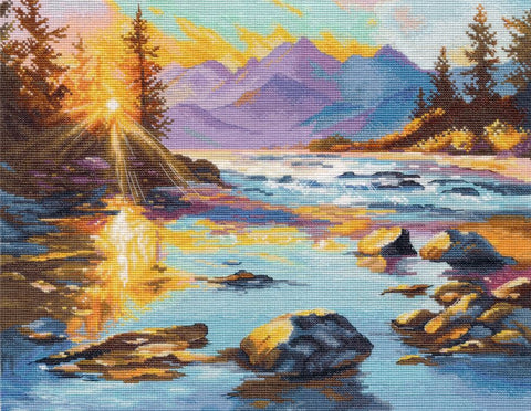 Kryželiu siuvinėjimo rinkinys „Aukso aušra“, gamtos vaizdas 32×26