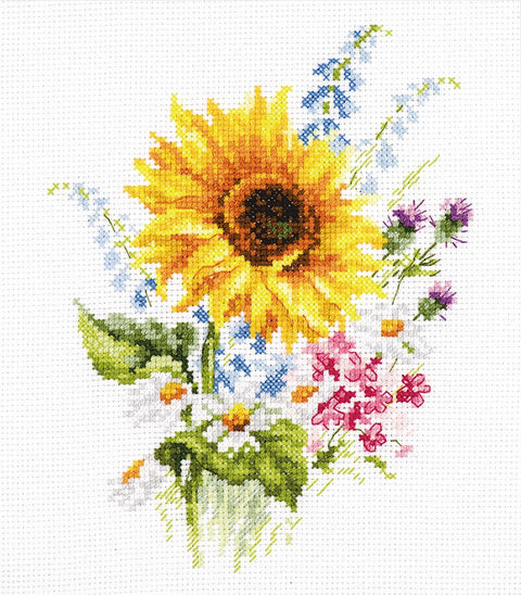 Siuvinėjimo kryželiu rinkinys „Puokštė su saulėgrąža“, 13×16 cm