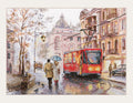 Kryželių rinkinys – miesto peizažas su raudonu tramvajumi ir pora po skėčiu, pastelinė rudeninė paletė, unikali galerijos versija