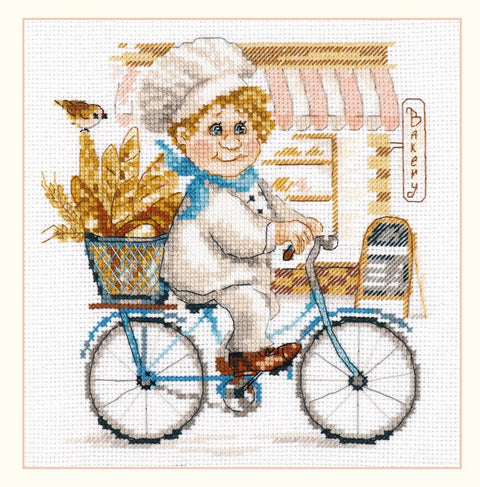 Siuvinėjimo rinkinys su spalvotu kepėjo ant mėlyno dviračio motyvu ir krepšiu kviečių, skirtas 20×20 cm drobei
