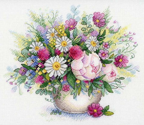 kryželių siuvinėjimo rinkinys su pastelinėmis ramunėmis ir bijūnais, 30×30 cm pavasarinė puokštė