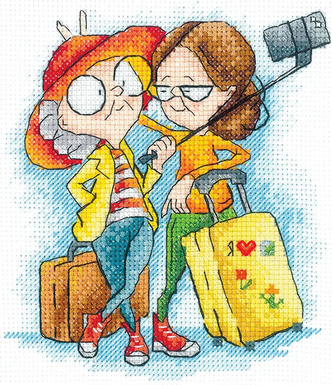 Žavus kryželiu siuvinėjimo rinkinys „Močiutės keliautojos“, 12×14 cm