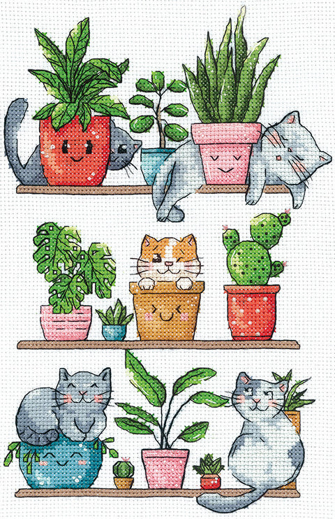 Kryželių siuvinėjimo rinkinys „Katinai ir gėlės“ 15×23 cm