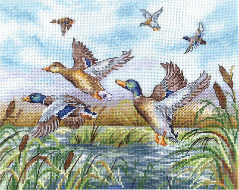 Kryželiu siuvinėjimo rinkinys „Skrendantys ančiukai“, 25,5×19,5 cm