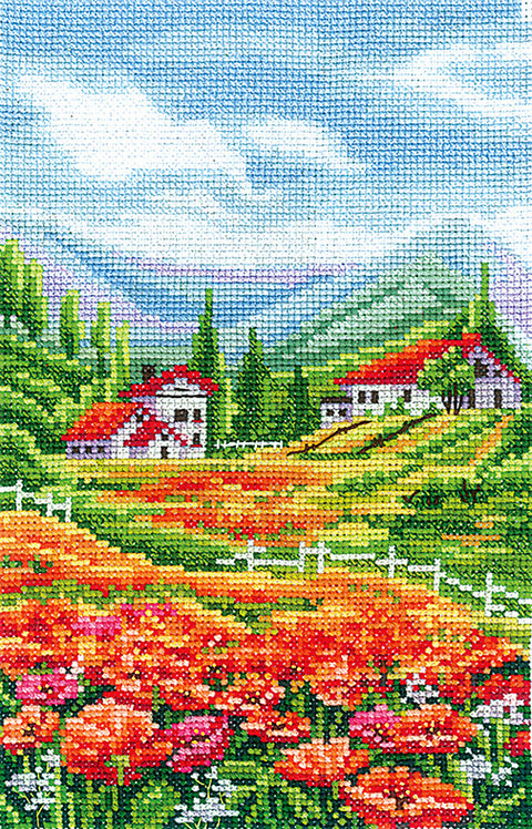 Kryželių rinkinys: spalvinga aguonų pieva su raudonais stogais ir artima siūlių tekstūros detalė, 40×50 cm