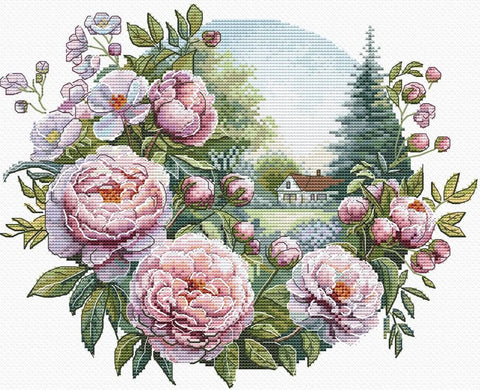 Siuvinėjimo kryželiu rinkinys „Bijūnų švelnumas“, 25x21 cm