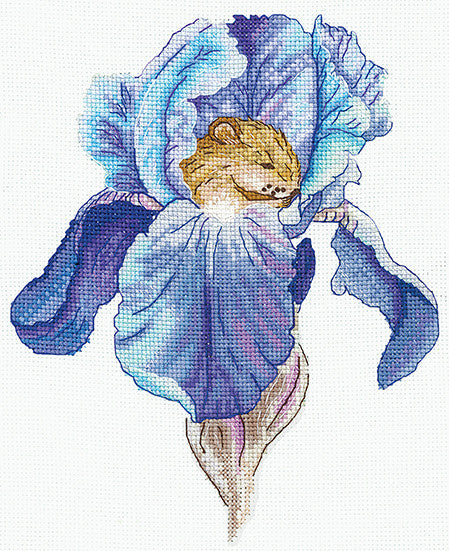 kryželių rinkinys mėlynas ir violetinis kraujažolės žiedas su miegančia voverė 30×40 cm, išsamus detalių raštas