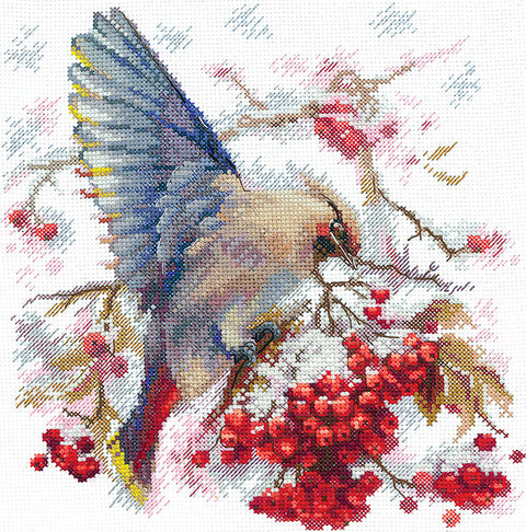 Kryželių rinkinys žieminis paukštis ant snieguotos šakos su ryškiomis putinų uogomis, spalvota schema, 30×30 cm