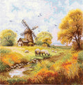 kryželių rinkinys su rudenišku kaimo peizažu: vėjo malūnas, ganomos avys ir upelis, 40×40 cm variantas