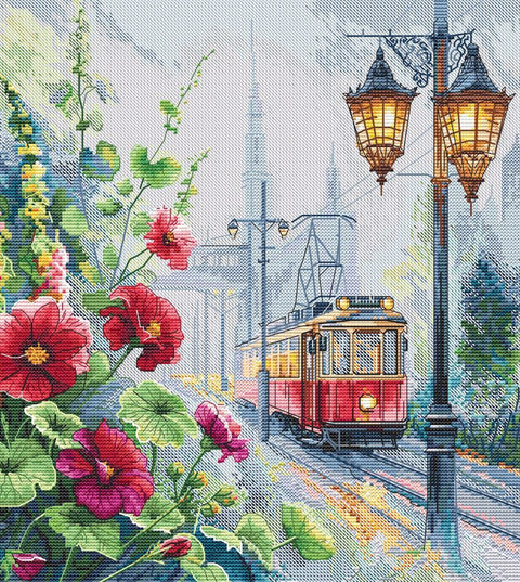Kryželiu siuvinėjimo rinkinys „Rytinis tramvajus“, 24,5x27 cm
