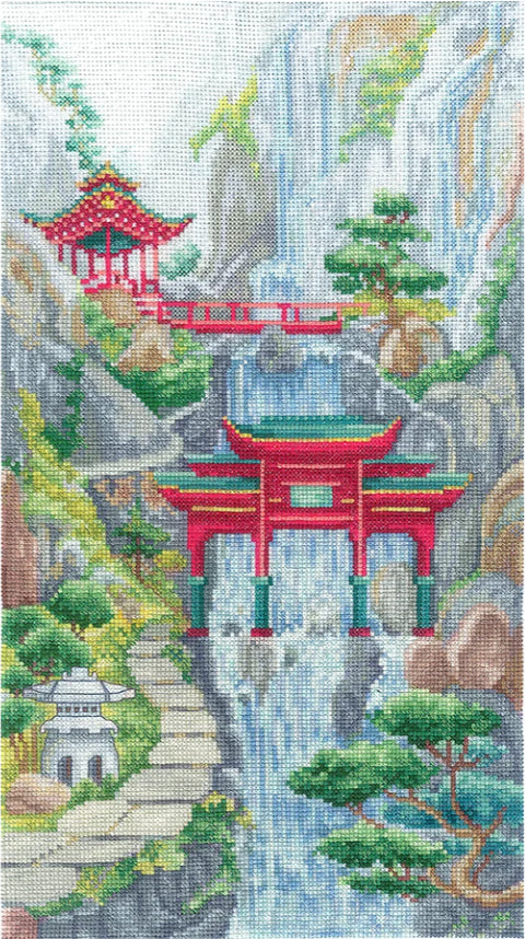 Siuvinėjimo rinkinys: japoniški raudoni torii vartai ir krioklys, daugiaspalvė 30×45 cm drobė, detalus peizažas