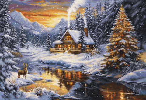 Kryželiu siuvinėjimo rinkinys „Žiemos vakaras kalnuose“ 51×35 cm
